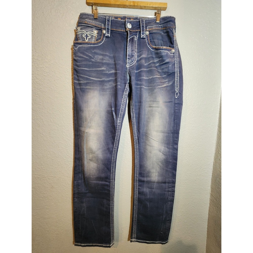 Rock Revival Mens Dan Denim Jeans 34x34 Gray Straight Leg Embroidered Pockets